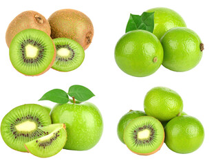 Fototapeta premium Assortment of Ripe Fruits Kiwi Limes and Apples with Green Leaves on Transparent Background