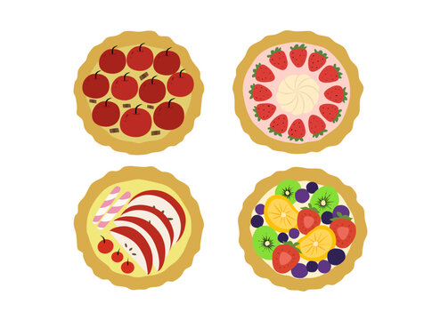 Illustration set featuring various dessert pies viewed from above with a various fruit toppings