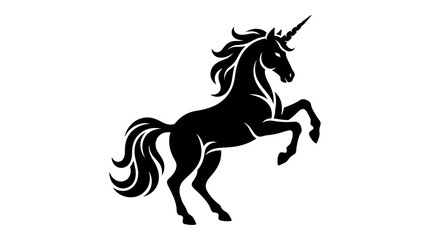 Black silhouette of a rearing unicorn with a flowing mane and tail on a white background © Lubrene