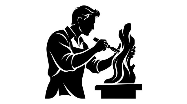 Sculptor carving a statue with chisel and mallet, creative artist at work