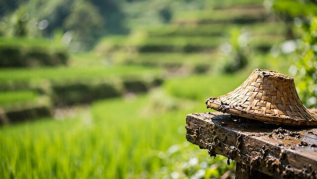 A traditional hat rests on a wooden post in a serene green rice field background