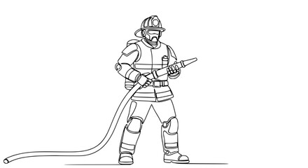 Fototapeta premium Firefighter holding water hose, minimalist line art, safety and rescue concept
