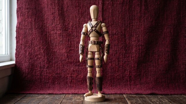 "Wooden mannequin bound with straps against dark backdrop, symbolizing restraint, structure, and artistic composition."