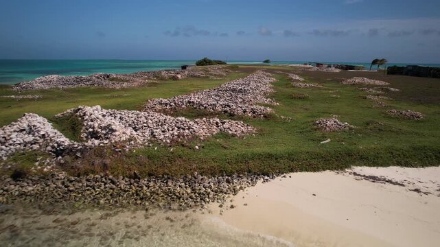Drone low angle shot Accumulations of Lobatus gigas shells have profound archaeological and archaeological and ecological significance in caribbean region