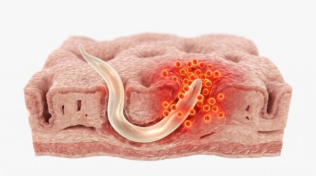 3D Microscopic Diagram of Anisakis Nematode Invading Gastric Mucosa