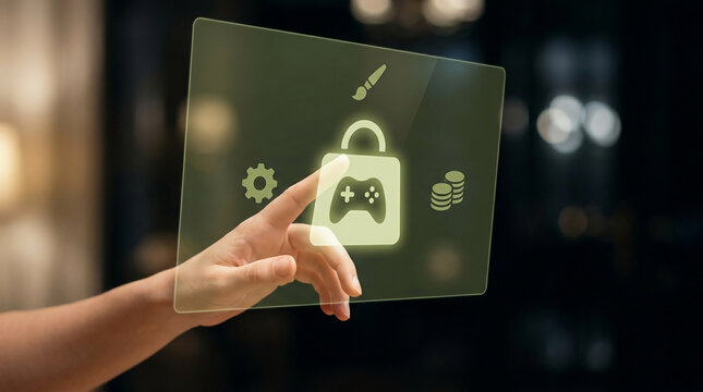 Person's hand interacting with a futuristic transparent interface for a secure digital game marketplace featuring in-app purchase and coins icons