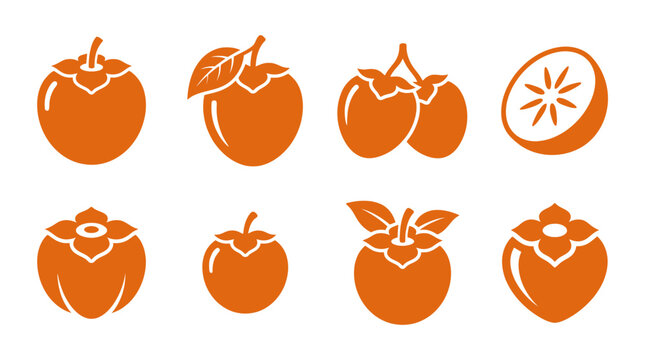 Orange persimmon fruit icons and flat silhouette collection.