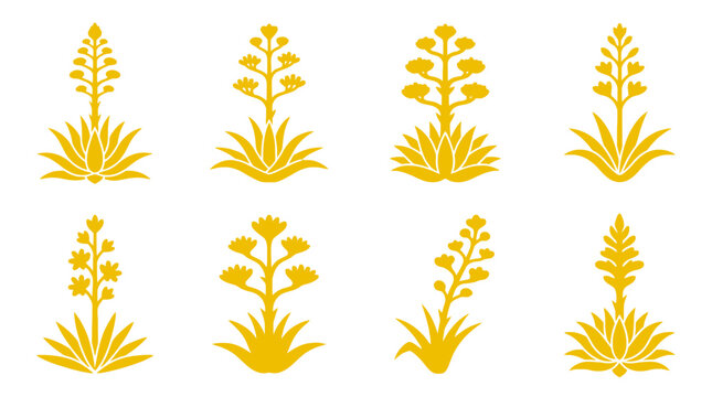 Yellow agave and yucca plant silhouette icons