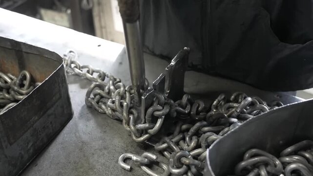 Gloved hands twist and inspect a chain link joint over a bin filled with finished chains