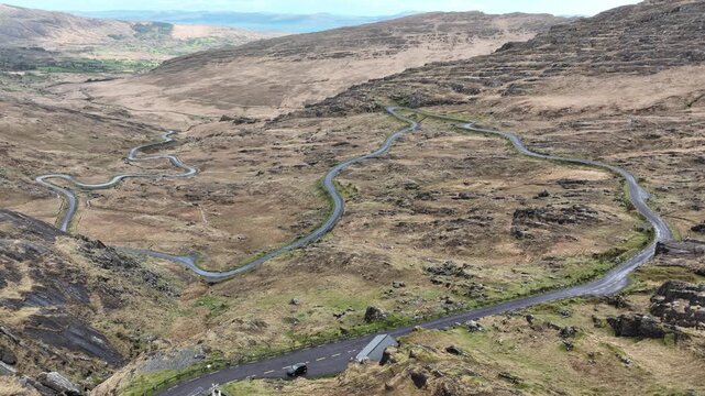 Wild Atlantic Way static drone view of The Healey Pass on The Cork side looking to Bantry Bay