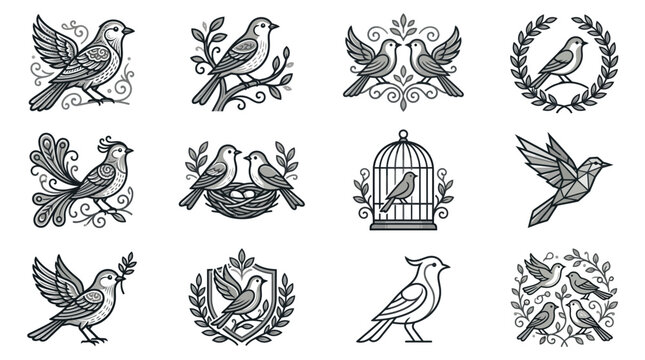 Decorative bird emblems and floral line art icons.