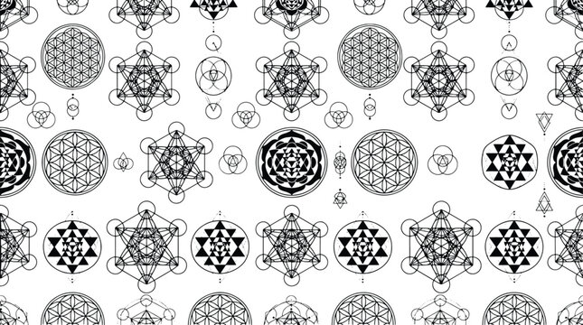 Seamless pattern of sacred geometry symbols including intricate mandala and esoteric star designs with black and white seamless esoteric geometry mystical spiritual background