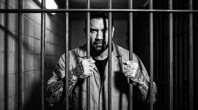 Muscular prisoner with tattoos gripping metal bars in dimly lit cell  