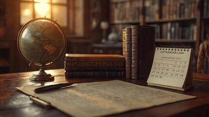 Vintage Study Desk with Historical Documents and Left Handed Fountain Pen