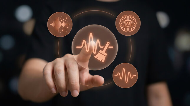AI Powered Audio Noise Reduction and Sound Enhancement Digital Interface with Hand Touching Waveform and Cleaning Brush Icon for Podcast Editing