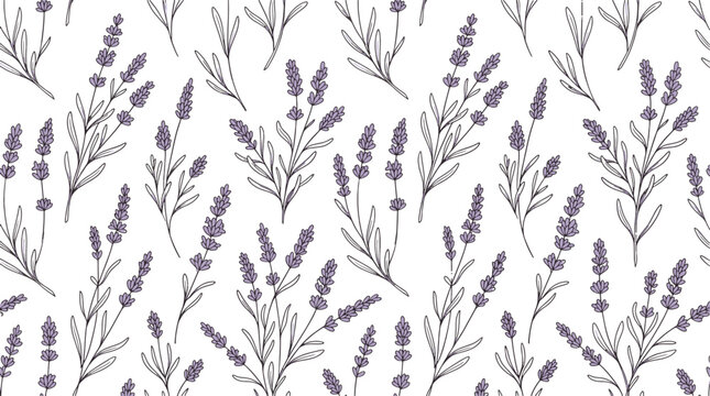 Seamless pattern of blooming lavender flowers and stems in hand drawn sketch style with lavender botanical blooming seamless illustration background handdrawn wallpaper monochrome
