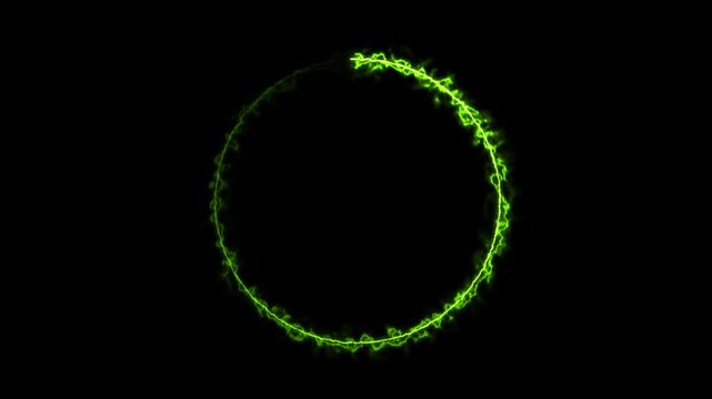 Green energy circle glowing with electric lightning effect in dark background art.