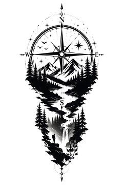 Black and white compass tattoo design with pine trees and mountain landscape in minimalist line art style