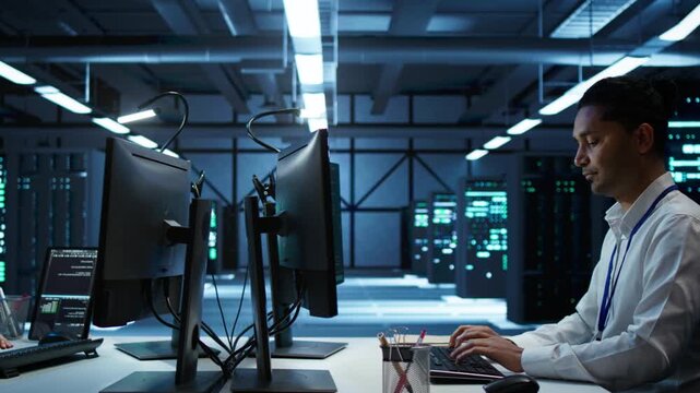 Administrator checks AI assisted infrastructure systems in a high tech server hub, balancing network security, data protection and AI assisted analysis during monitored hardware operations