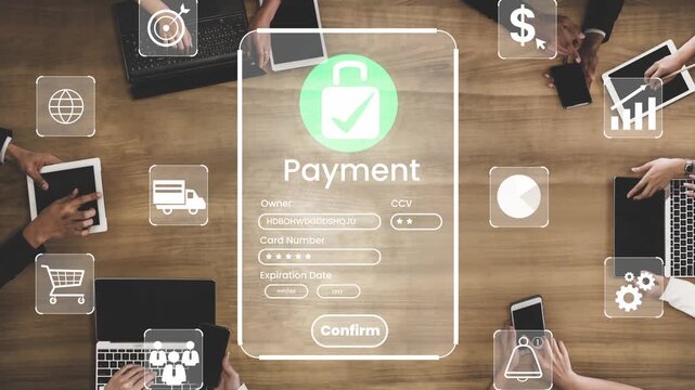 Secure Digital Payment Process with Multiple Devices and Touchscreen Interaction on a Wooden Table Surface Gluon.