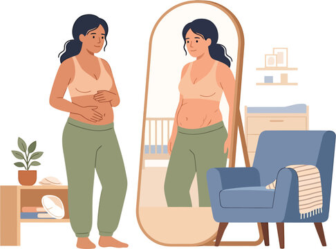 Young mother looking at her reflection in a mirror, reflecting on postpartum body changes and self-esteem