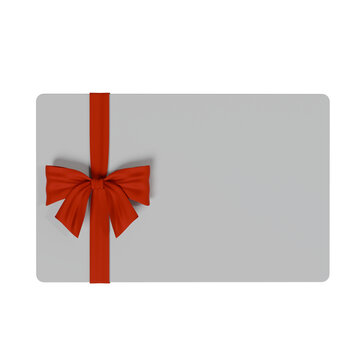 Gift Card Mockup with Red Ribbon and Bow, Blank White Voucher Template for Christmas, Birthday, and Holiday Sale Promotion