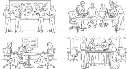 Obraz premium Business Meeting Outline Vector Set with Team Collaboration and Corporate Office Line Art