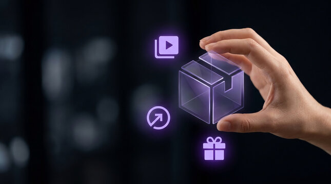 Futuristic digital shipping and logistics concept with hand holding a glowing virtual box hologram and e-commerce marketing icons.