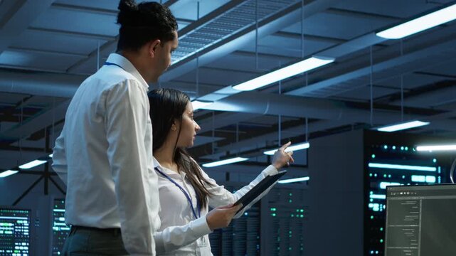 In a server room, iT professional checks infrastructure performance with a tablet, supporting network security, data protection and performance oversight while supporting business continuity