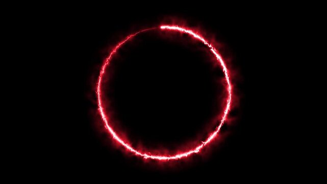 Red energy ring glowing with fire flame motion effect on black background clip.