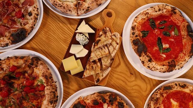 Top Down View of Neapolitan Pizzas and Italian Antipasto Platter