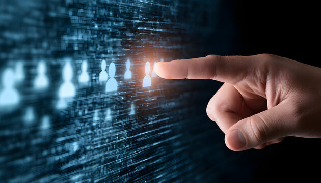A hand activates a glowing user icon on a sleek digital interface, where a blue data stream flows. The finger then touches the screen to choose a profile for accessing an account or logging into the s