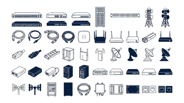 Network hardware icons set, telecommunications equipment vector collection, server and router line art, data center infrastructure elements