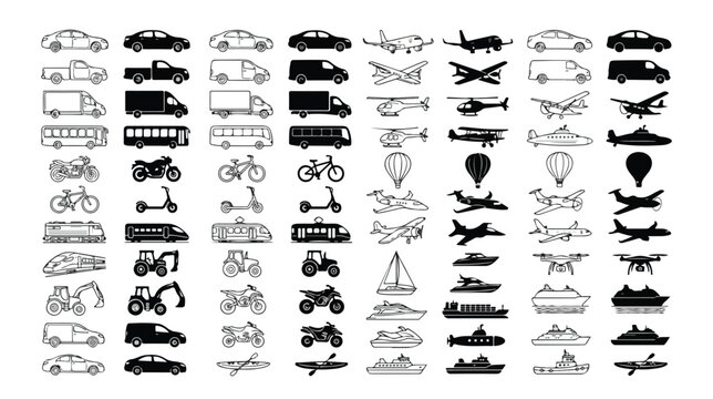 Transportation icon set with 88 vehicle symbols, black and white transport silhouettes and line art, logistics and travel vector collection