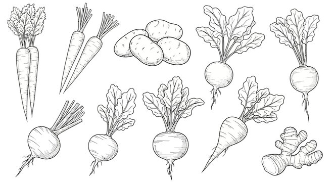 A collection of hand drawn root vegetables isolated on a white background