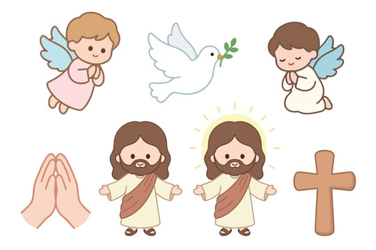 Cute cartoon Jesus Christ and little angels illustration set, christian religious elements with cross and dove