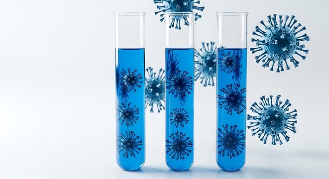 Image shows three test tubes with blue liquid and floating virus illustrations