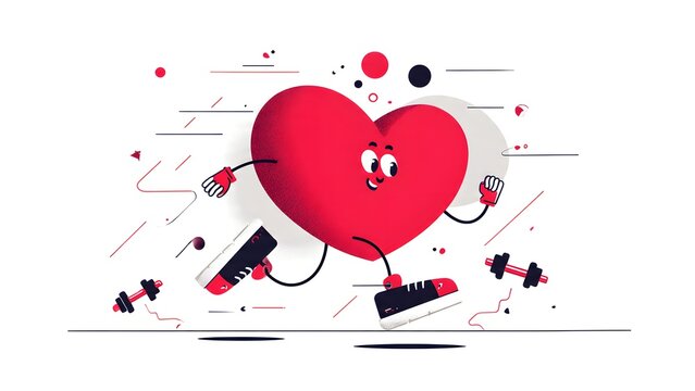 Cute Cartoon Heart Character Running and Lifting Dumbbell Weights. Vector Illustration Concept for Cardio Workout, Fitness Training, Healthy Lifestyle, and Cardiovascular Strength Wellness.