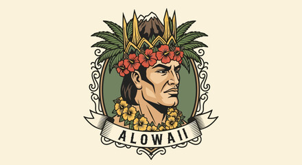 Vintage Hawaiian Emblem Illustration with Tropical King Motif © Remb