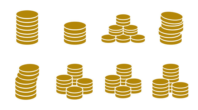 Set of golden coin stack icons on white background.