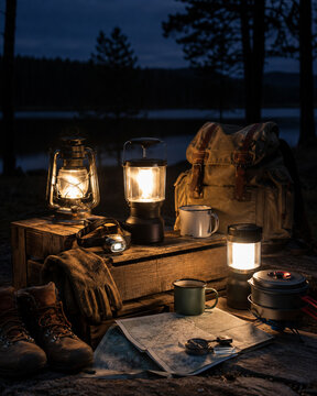 Camping lanterns and gear glowing on rustic wooden crates at night, with backpack, mugs, map, boots and cookware near a dark lakeside forest.