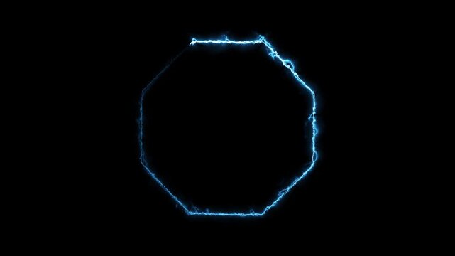 Blue electric octagon frame glowing with energy sparks on black background 4k.