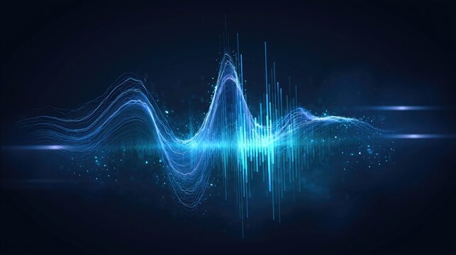 Abstract glowing blue waveform with sound waves and particles on dark background