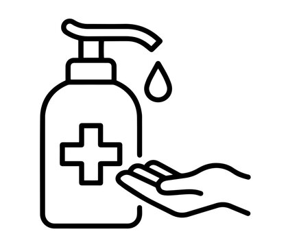 Hand sanitizer bottle line icon antiseptic gel drop medical outline vector