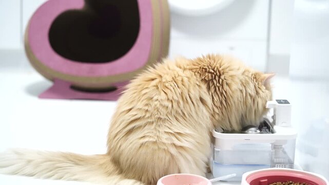 Fluffy cream longhair cat drinking water from automatic pet fountain, pink food bowl, heart shaped cat scratcher and house in cozy indoor setting, relaxed healthy pet animal environment