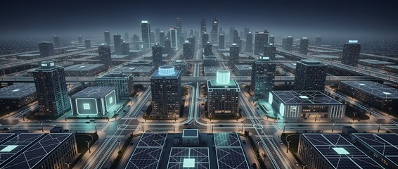 Naklejka premium Cityscape at night showcases glowing skyscraper windows and illuminated street grids that create a vibrant pattern of urban infrastructure across the sprawling metropolitan architecture.