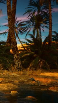 Tall palm trees frame a water body reflecting colors of the sunset. The background shows desert land under a clear sky with faint clouds. Nature surrounds the scene.