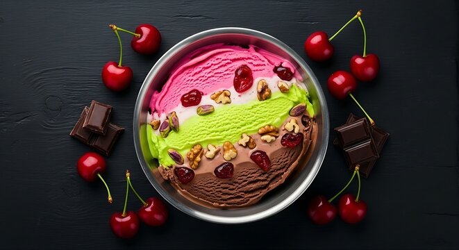  Italian Spumoni ice cream displaying distinct layered sections of cherry, pistachio, and chocolate, served in a dark brushed-metal bowl, matte black background. The colorful layers are filled with ch