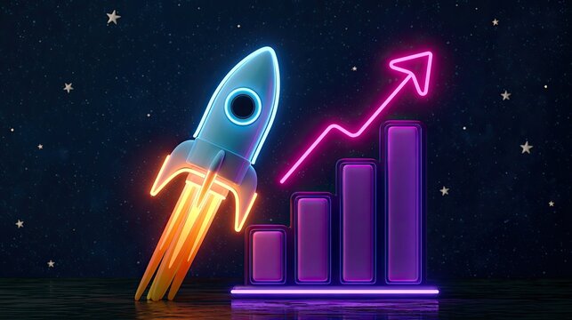 Neon rocket launching upward past glowing bar graph against starry night sky