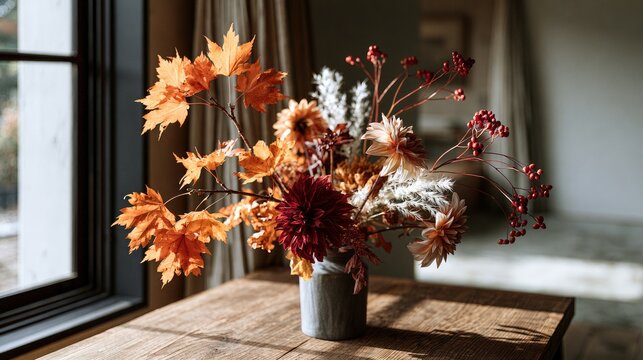 Autumn bouquet with maple leaves and berries on a wooden table indoors